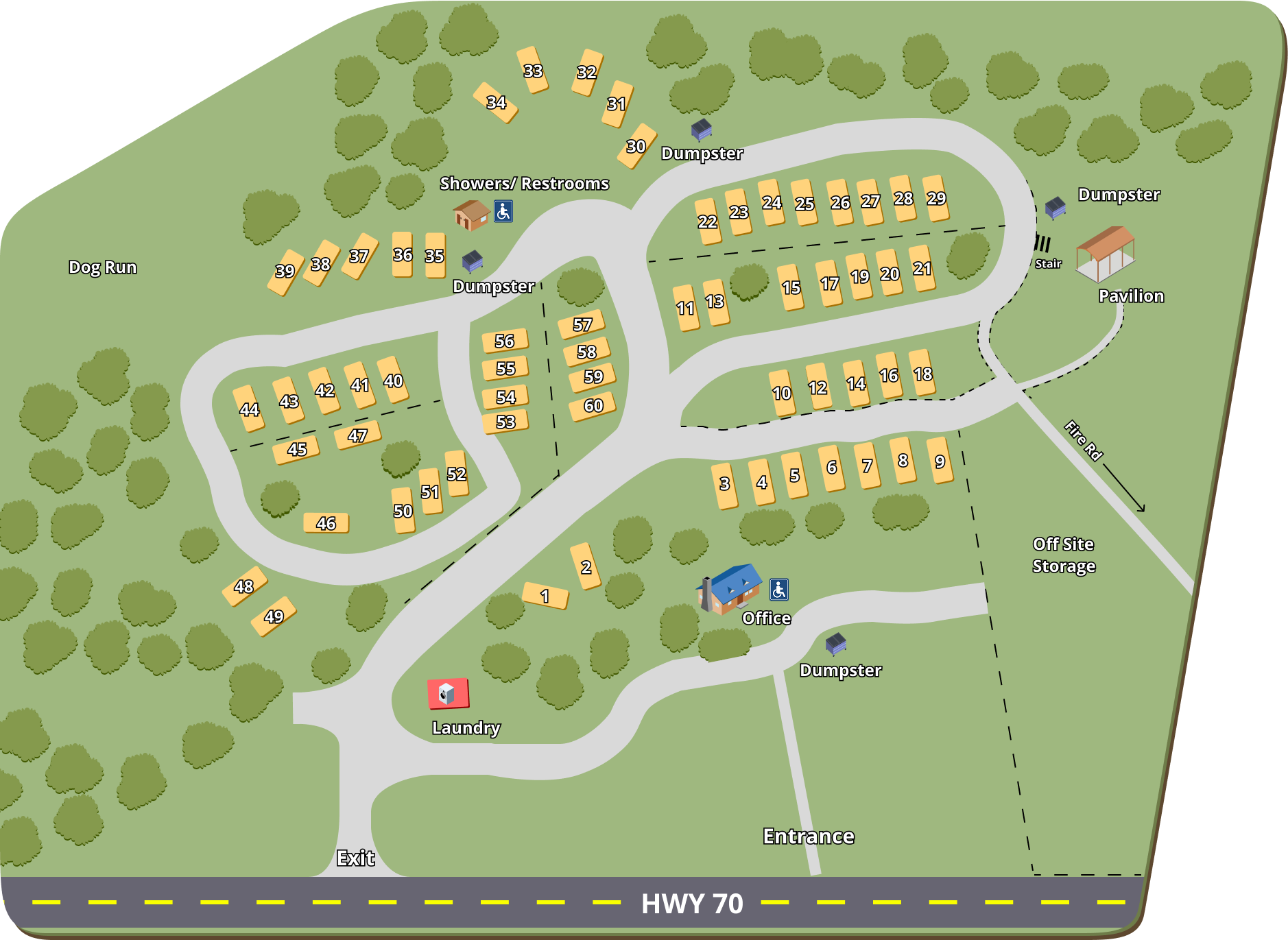 Illustrated resort map showing the terraced site layout of RV Resorts of Ruidoso